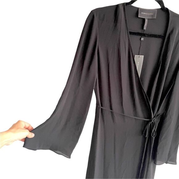 Bcbgmaxazria Wrap Robe Midi Dress Tie Waist Wide Sleeves Black S - Picture 3 of 6